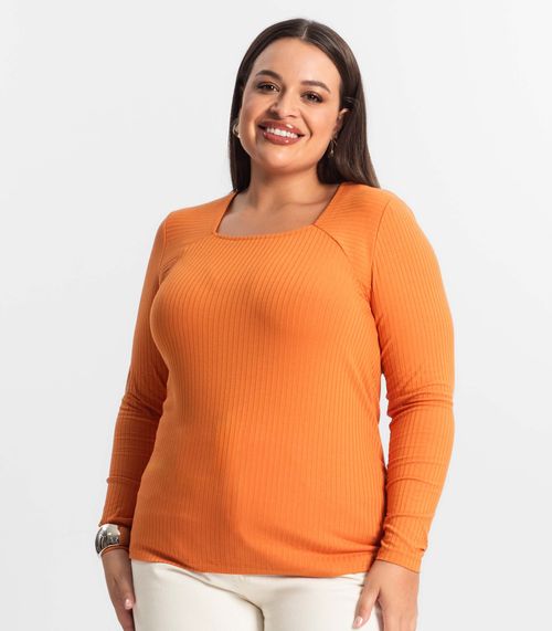 Blusa Plus Size Em Ribana Canelada  Secret Glam Laranja