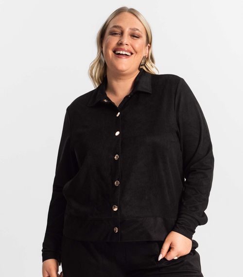 Casaco Plus Size Feminino Em Suede Secret Glam Preto