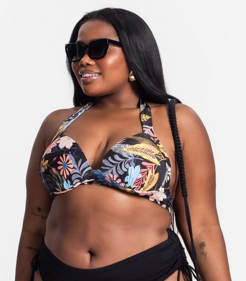 Top Biquíni Estampado Com Bojo Plus Size Uni Femme Amarelo