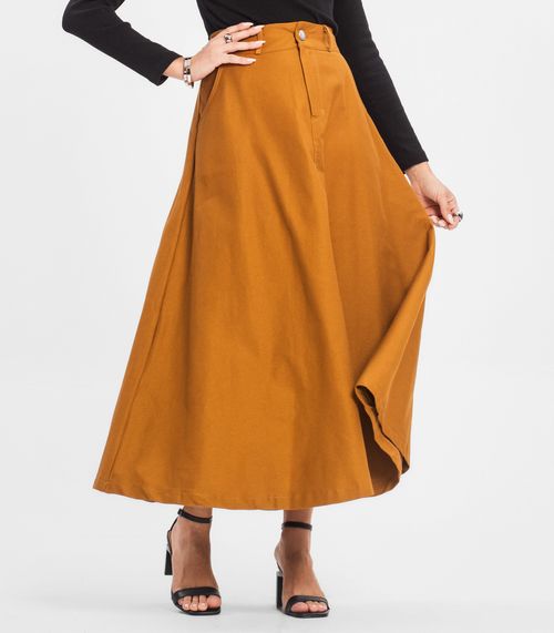 Saia Feminina Midi Godê Sarja Com Bolso Select Marrom
