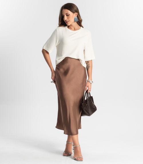 Saia Feminina Midi Acetinada Style Box Bege
