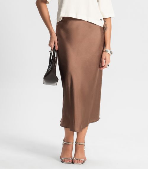 Saia Feminina Midi Acetinada Style Box Bege