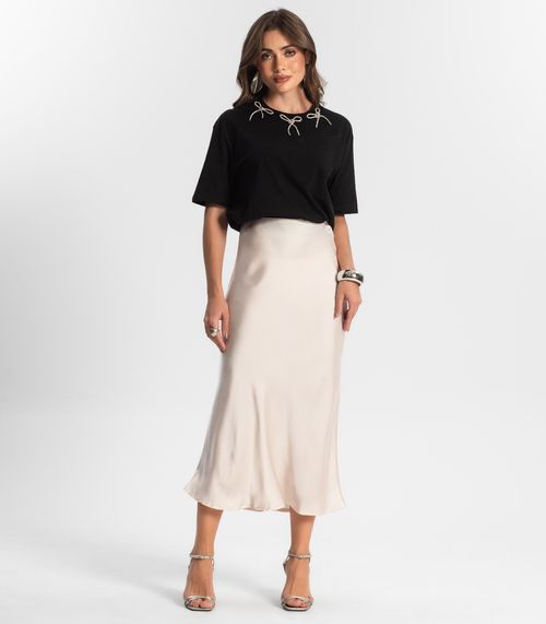 Saia Feminina Midi Acetinada Style Box Bege