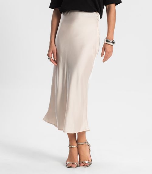 Saia Feminina Midi Acetinada Style Box Bege