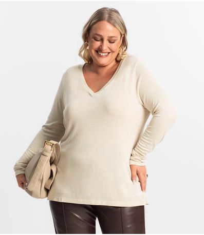Blusa Manga Longa Visco Tricot Secret Glam Bege