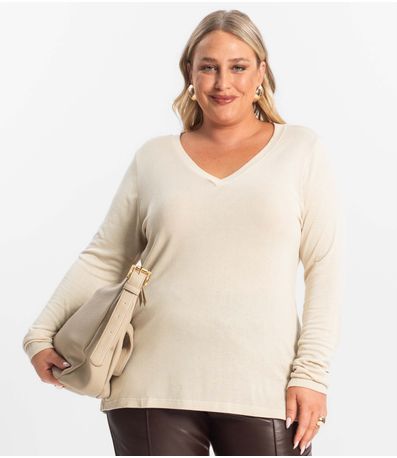 Blusa Manga Longa Visco Tricot Secret Glam Bege