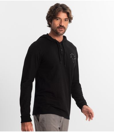 Camiseta Masculina Manga Longa Com Capuz Diametro Preto