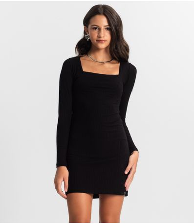 Vestido Juvenil Manga Longa Em Ribana Minty Preto