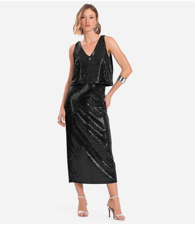 Saia Midi Com Lantejoula Endless Preto