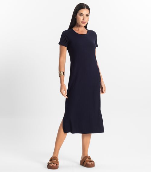 Vestido Midi Ribana Canelada Básico Rovitex Azul