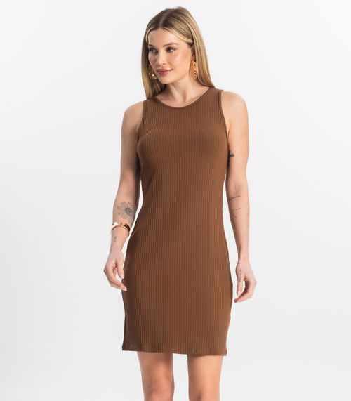 Vestido Curto Em Ribana Canelada Rovitex Marrom