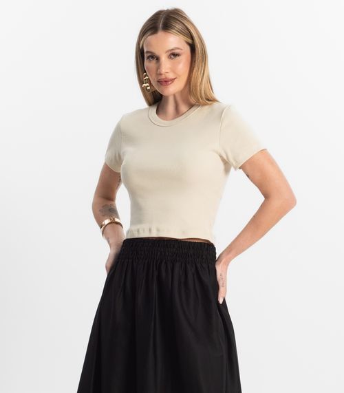 Blusa Cropped Ribana Básica Rovitex Bege