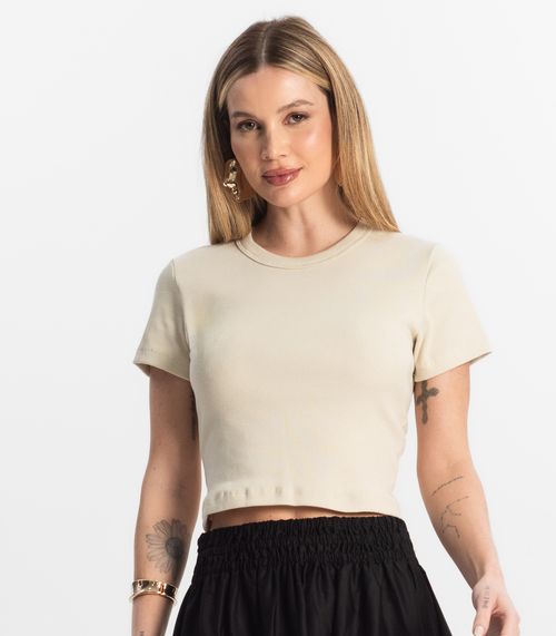 Blusa Cropped Ribana Básica Rovitex Bege