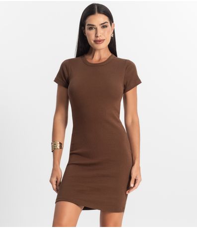 Vestido Acinturado Em Ribana Canelada Rovitex Marrom
