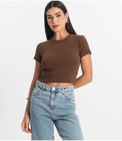 Blusa Cropped Ribana Básica Rovitex Marrom