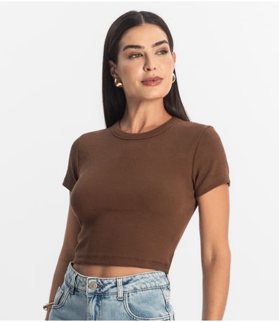 Blusa Cropped Ribana Básica Rovitex Marrom