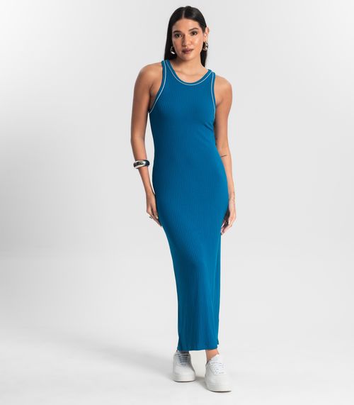 Vestido Midi sem Manga Ribana Canelada Azul
