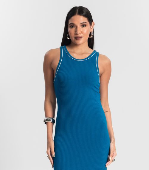 Vestido Midi sem Manga Ribana Canelada Azul