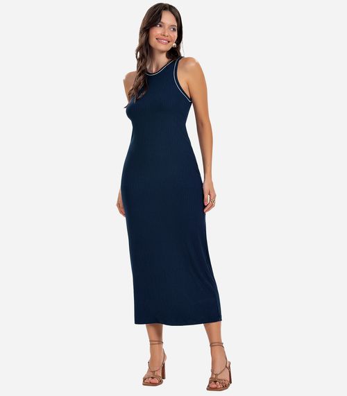 Vestido Midi sem Manga Ribana Canelada Azul