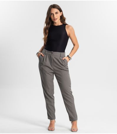 Calça Alfaiataria Cenoura De Risca Giz Style Box Cinza