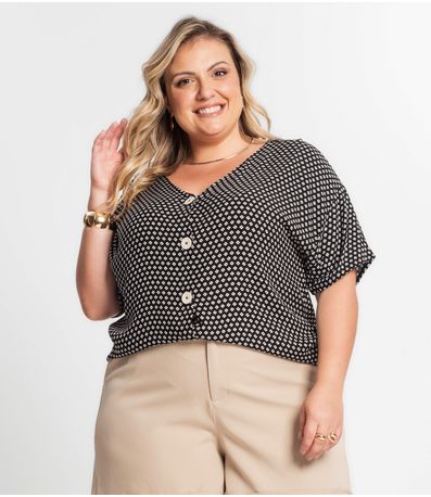Camisa Feminina Plus Size Estampada Secret Glam Preto