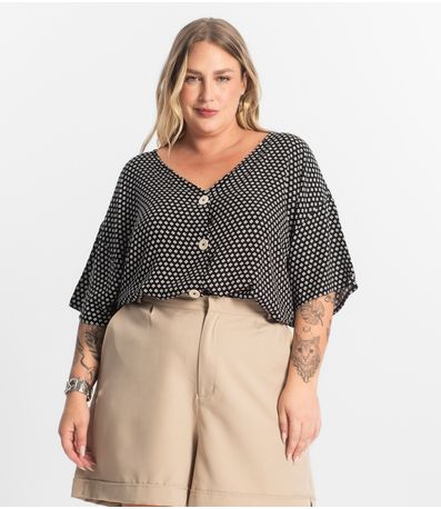 Camisa Feminina Plus Size Estampada Secret Glam Preto