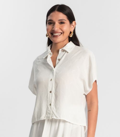 Camisa de Viscose Feminina Manga Curta de Botão Bege