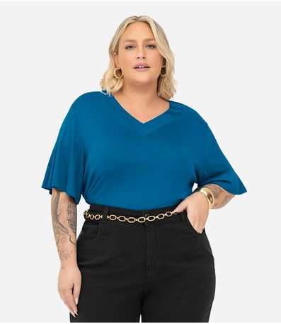 Blusa Visco Tricot Plus Size Secret Glam Azul