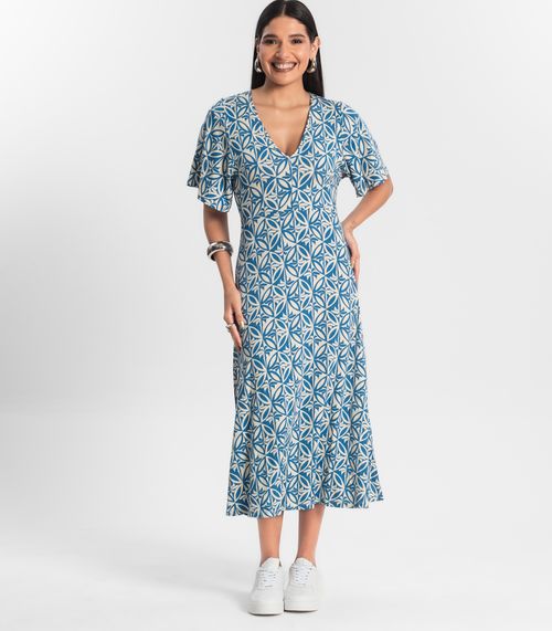 Vestido Estampado Feminino Midi Azul