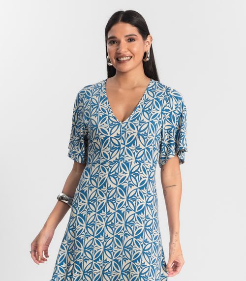 Vestido Estampado Feminino Midi Azul