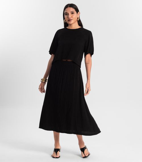 Saia Midi Viscose Maquinetada Preto
