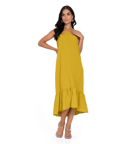 Vestido Midi de Alça e Babados em Air Flow Rovitex Amarelo