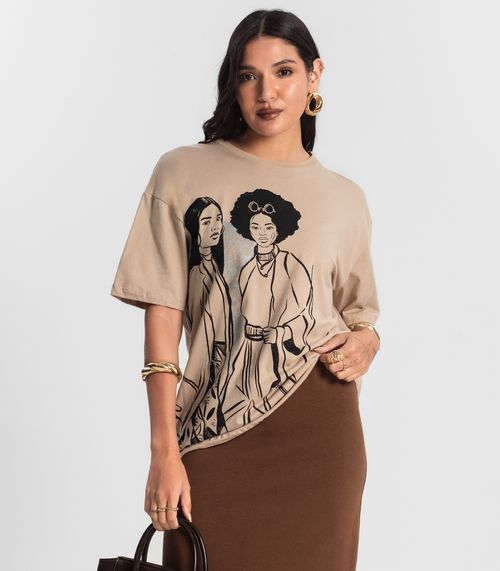 Blusa T- Shirt Feminina com Estampa Metalizada Marrom