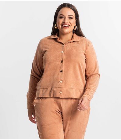 Casaco Plus Size Feminino Em Suede Secret Glam Marrom