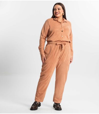 Calça Reta Plus Size Feminina Em Suede Secret Glam Marrom