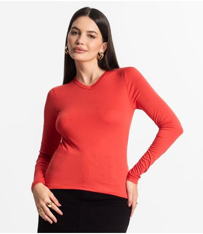 Blusa Manga Longa Decote V Básica Select Laranja