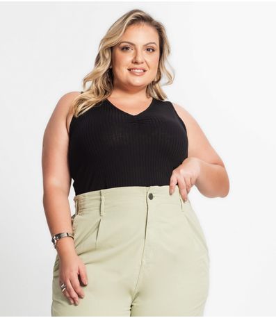 Regata Plus Size Em Ribana Canelada Secret Glam Preto