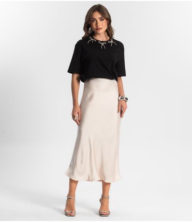 Saia Feminina Midi Acetinada Style Box Bege