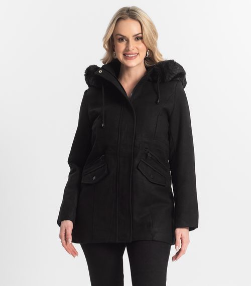 Casaco Feminino Lã Batida Com Touca Giada Preto