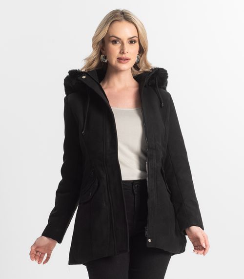 Casaco Feminino Lã Batida Com Touca Giada Preto