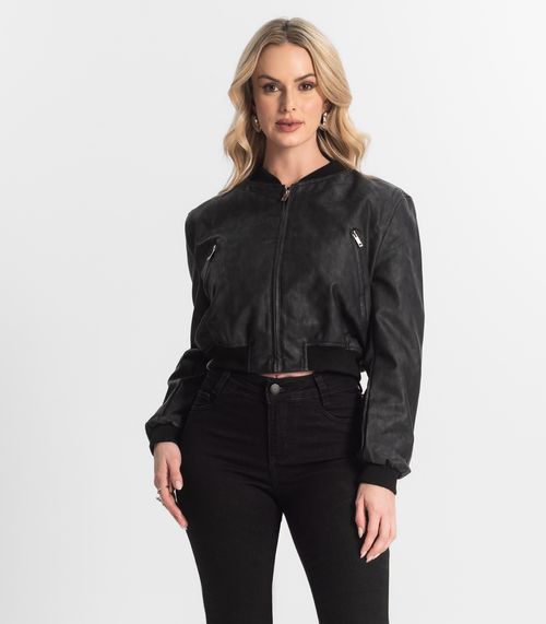Jaqueta Feminina Bomber PU Hansez Preto
