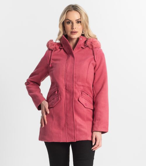 Casaco Feminino Lã Batida Com Touca Giada Rosa