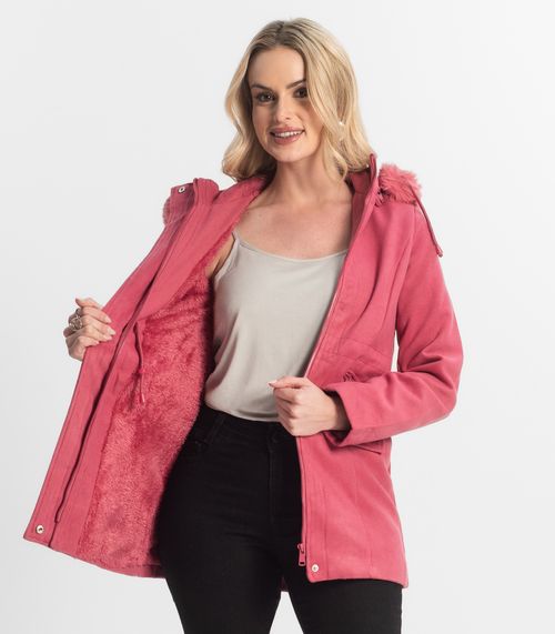 Casaco Feminino Lã Batida Com Touca Giada Rosa