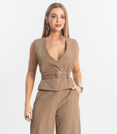 Conjunto Feminino Calça E Colete Veshine Bege