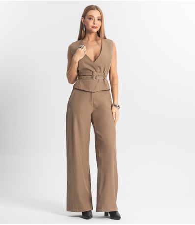 Conjunto Feminino Calça E Colete Veshine Bege