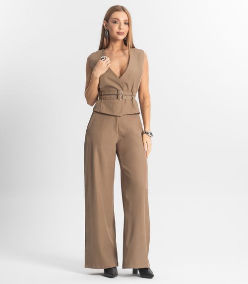 Conjunto Feminino Calça E Colete Veshine Bege