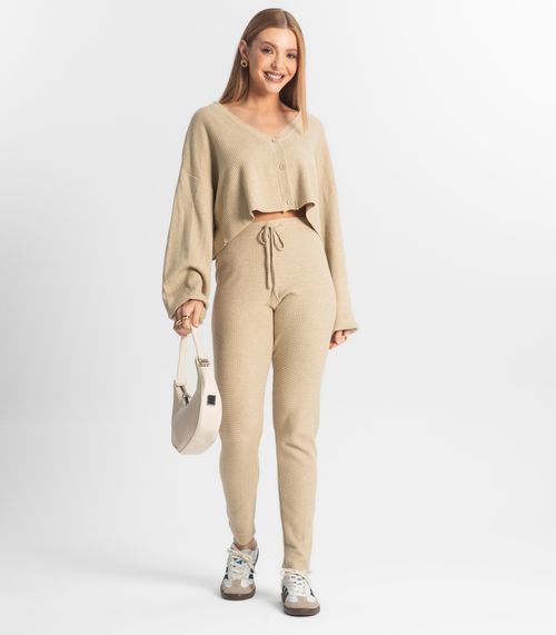 Conjunto Feminino Calça E Casaco Em Tricot Epifani Bege