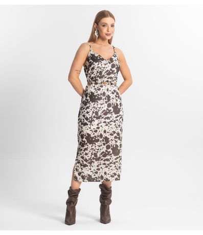 Vestido Feminino Midi De Alça Estampado Veshine Marrom