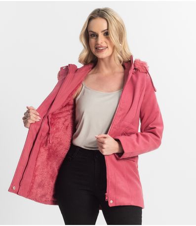 Casaco Feminino Lã Batida Com Touca Giada Rosa