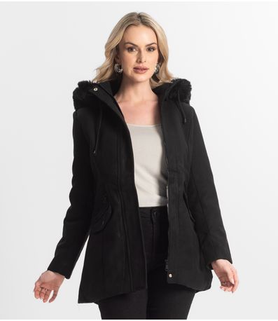 Casaco Feminino Lã Batida Com Touca Giada Preto